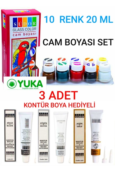 Yuka Cam Boyası 20 ML 10 RENK SET - KONTOR BOYA - SİYAH,GÜMÜŞ ,ALTIN HEDİYELİ