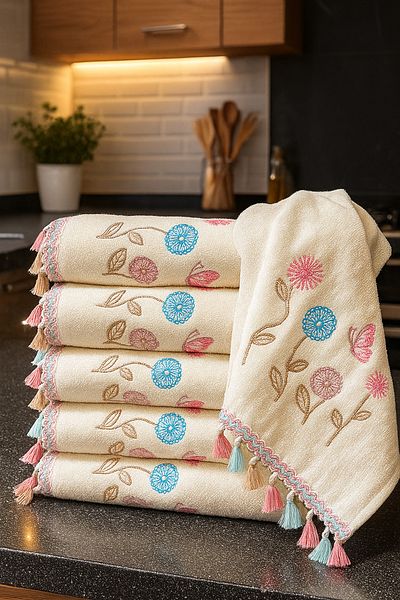 AYHANHOME Embroidered Velvet Tasseled 6-Piece 30X50 Kitchen Towel Set