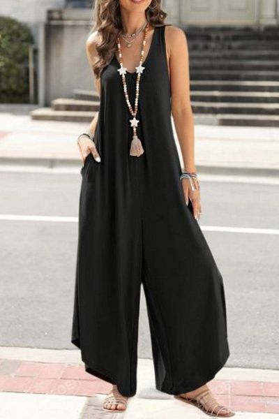 Mossta Sleeveless Round Neck Loose Cut Viscose Jumpsuit - Black