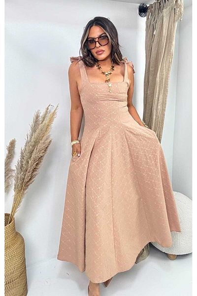 Sohotique By P Embroidered Square Collar Lace-Up Dress Beige