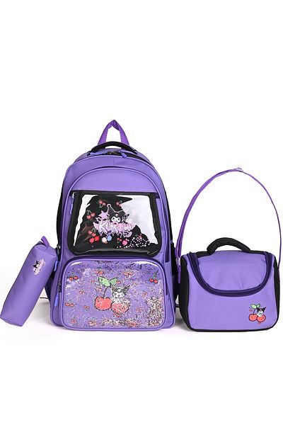 Wander Set de genți pentru școala primară în stil coreean cu accesorii Kuromi (rucsac + nutriție + suport pentru stilou)