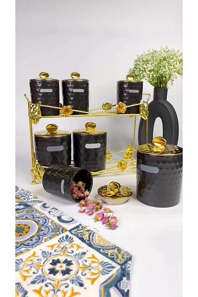 rexa 7-Piece Luxury Porcelain Spice Set – Gold Gilded Versace-Inspired White Storage Jars with Stand