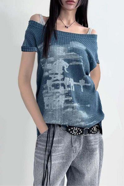 Karakedi Μπλουζάκι Indigo Vintage Lost Shoulder με κοντό μανίκι