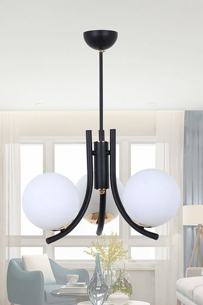 MŞ Aydınlatma Tetra Black Gold 3 White Glass Chandelier