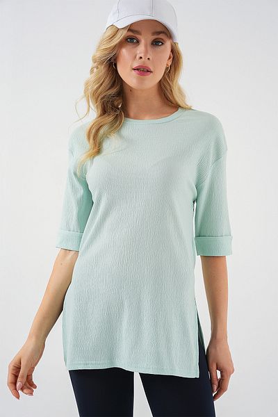 Bigdart 4332 Knitted T-Shirt with Side Slits - Mint