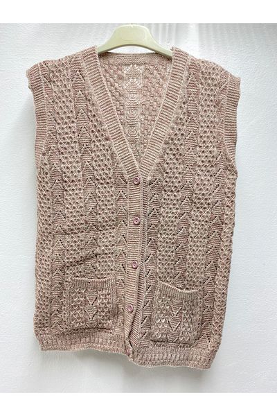 Şen Mother's Pocket Buttoned Knitted Vest Standard Size with Dowry
