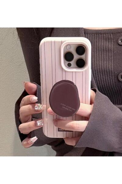 İphone16PROMAXpembeüzerinekahvedikeyçizgilivekahveçekirdeğitutucuaparatlıtelefonkılıfı