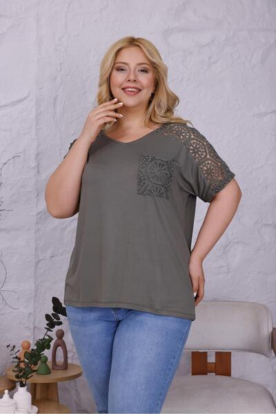 Siyezen Plus Size Shoulder Lace Detail Blouse