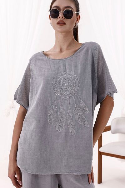 AYASOFYA OTANTIK Women's Gray Round Neck Feather Embroidered Sleeves Mesh Detailed Short Sleeve Oversize Loose Linen Blouse
