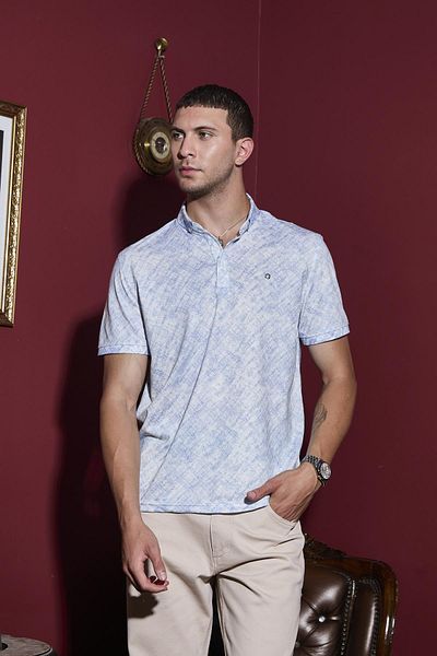 DAMGA JEANS Tricou cu mânecă scurtă pentru bărbați, cu guler polo, din in albastru