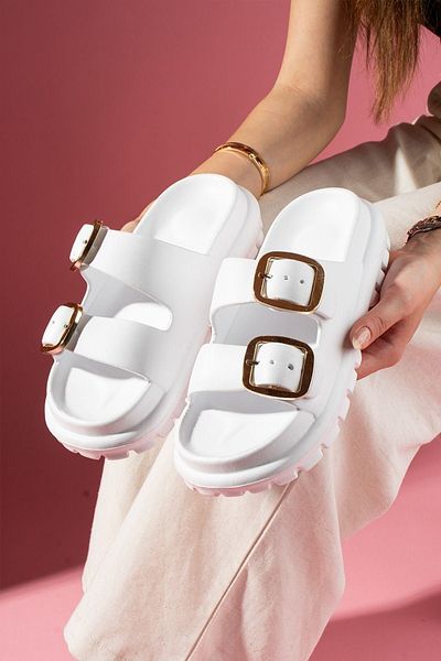 FUGA MODA Sondo White Double Striped Gold Buckle Detailed Thick Soled Polyurethane Wet Floor Slippers