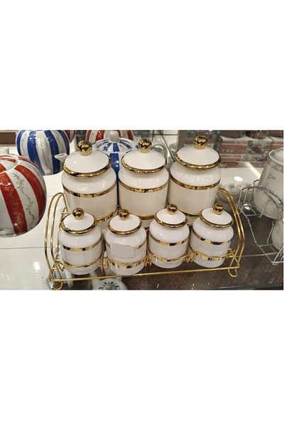 rexa 7-Piece Luxury Porcelain Spice Set – Gold Gilded Versace-Inspired White Storage Jars with Stand