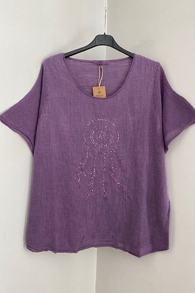 AYASOFYA OTANTIK Women's Purple Round Neck Feather Embroidered Sleeves Mesh Detail Short Sleeve Oversize Loose Linen Blouse