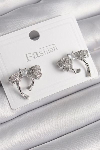Clariss Brass Silver Color Zircon Stone Bow Model Women's Earrings