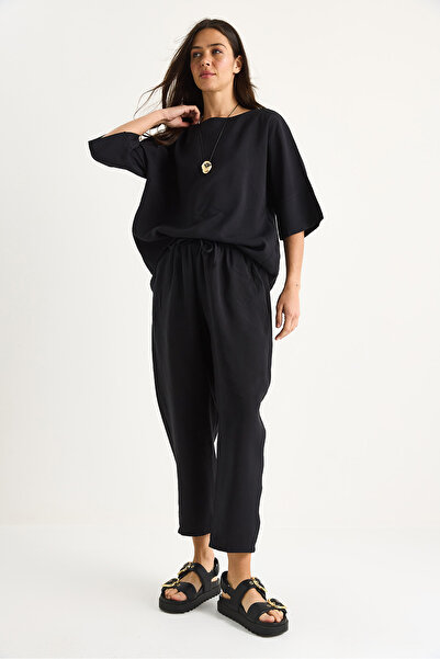 Bianco Lucci Women Boat Neck Half Sleeve Blouse Elastic Waist Baggy Pants Bottom-Top Suit 60283118