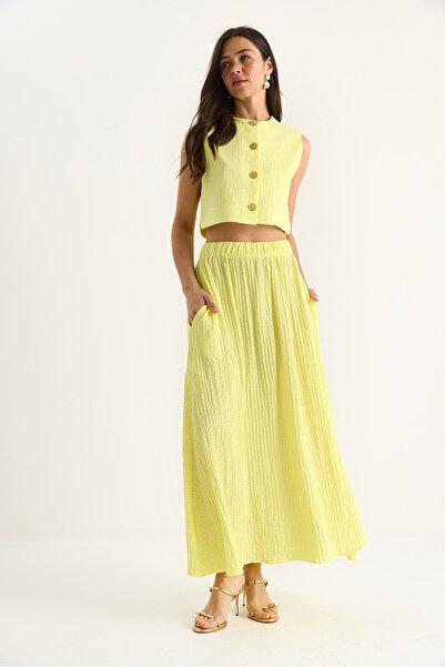 Bianco Lucci Women's Crop Vest Elastic Waist Pocket Detailed Long Skirt Bottom-Top Seersucker Suit 4006 60283371