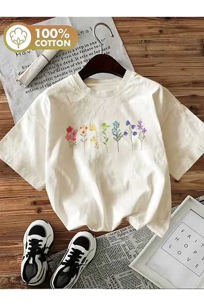 vikitekno Oversize Floral Printed Design Women's T-Shirt