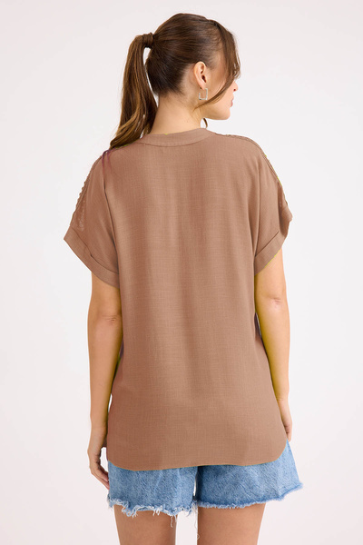 Vitrin Viscose Linen Blouse with Laced Shoulder