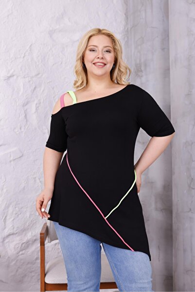 Siyezen Plus Size Neon Strap Asymmetry Cutout Blouse