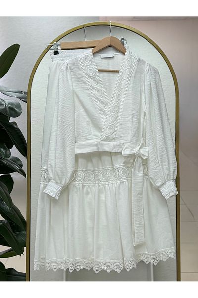 MİHRA STORE Nubisa Skirt and Jacket Lace Skirt Suit-He8385 White