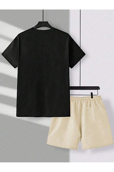 LUNAVISTA Mens summer casual short sleeve o neck letter Printed t-shirt and adjustable lace up shorts set