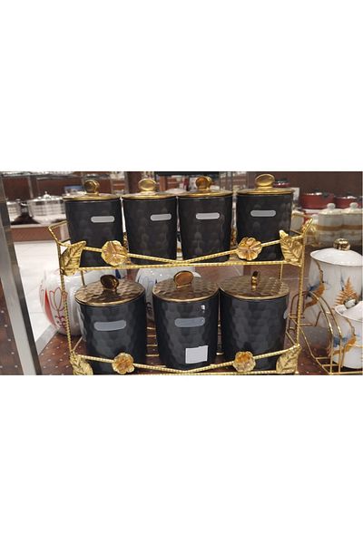 rexa 7-Piece Luxury Porcelain Spice Set – Gold Gilded Versace-Inspired White Storage Jars with Stand
