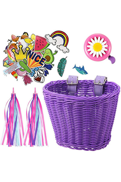 Choice سلة دراجة للأطفال منسوجة يدويًا باللون الأرجواني مكونة من 4 قطع، سلة د...