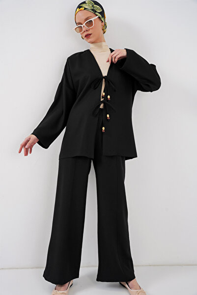 Bigdart Kadın Keten Kimono Pantolon İkili Takım 1003 - Siyah
