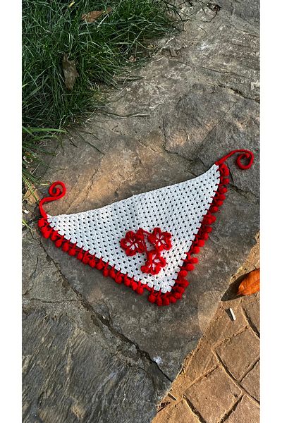 pulur.co White Colored Mesh Model Red Flower Detailed Bandana Handmade Knitted Crochet Bandana
