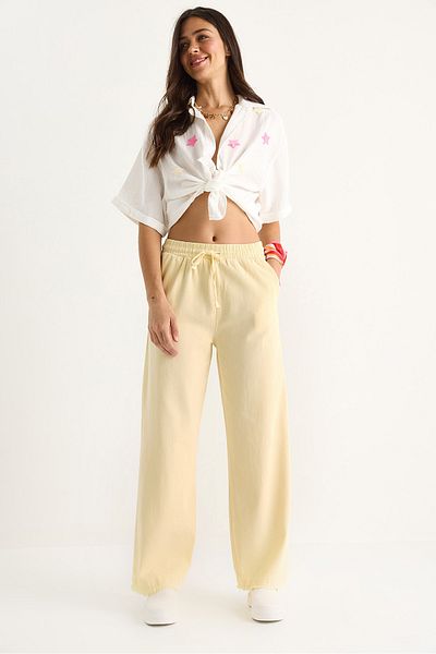 Bianco Lucci Women's Elastic Waist Leg Detailed Palazzo Mold Cotton Gabardine Summer Trousers 60283323