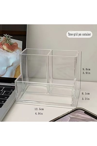 Choice Transparent 1pc The Transparent Acrylic Three-compartment Pen Holder for Desk Renovation, Student De