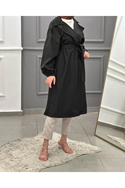 MİHRA STORE Waist Tied Balloon Arm Trench Black