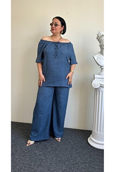 Vio Moda Büyük Beden Madonna Collar Sofia Linen Suit