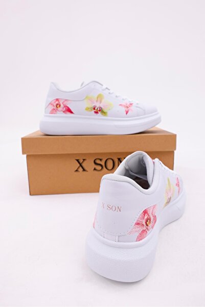 xson 3d Dijital Baskı Kadın Beyaz- Sarı Çiçek Desenli Sneaker