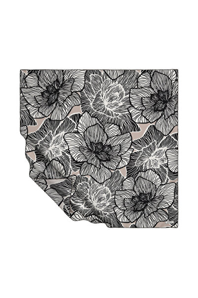 ipekevi Eșarfă din mătase twill - Motiv Lotus - Alb-negru