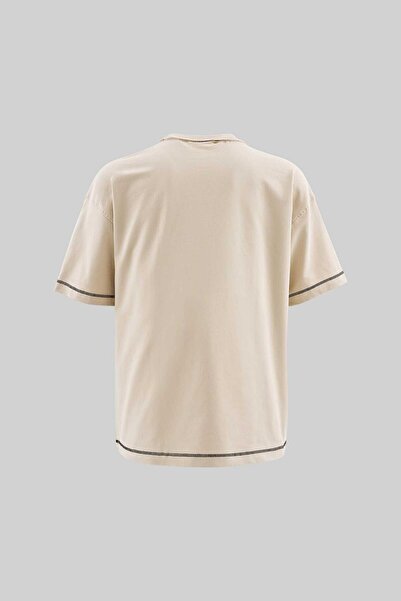 Machinist Ανδρικό μπλουζάκι Stitch Detailed Split Oversize Soft Beige