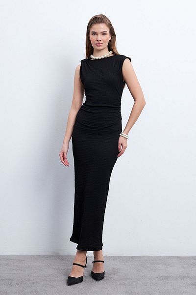 Know Rochie de damă neagră cu umăr încrețit, lungime midi, înfășurată