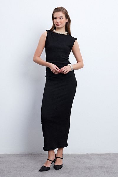 Know Rochie de damă neagră cu umăr încrețit, lungime midi, înfășurată