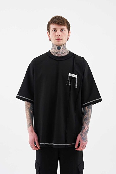 Machinist Ανδρικό μπλουζάκι Stitch Detailed Split oversized Μαύρο