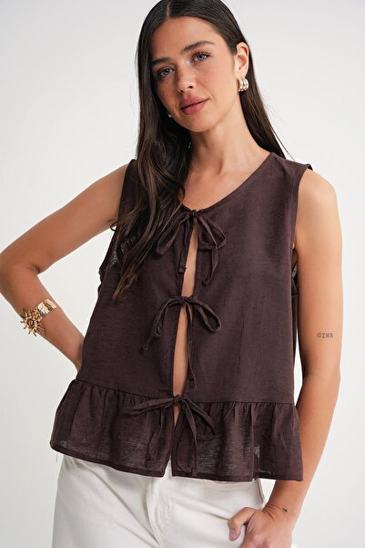 Mixray 4717 Γυναικεία μπλούζα με βολάν με κορδόνια μπροστά, αμάνικη λινό μπλούζα καφέ