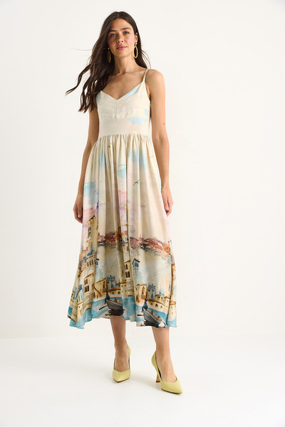 Bianco Lucci Women's Rope Strap Rib Detailed Gipeli Patterned Midi Dress 6007 60283433