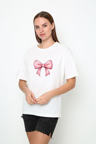 Oasis tricou oversize pentru femei, cu imprimeu cu fundita roz, cu gâtul rotund