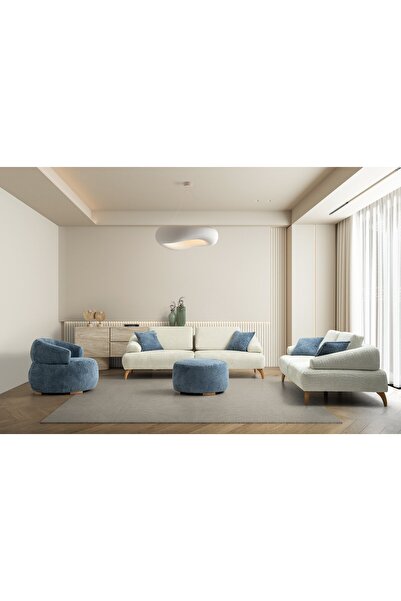 Yuvaset Home Arti Ahşap Ayaklı Beyaz 3 lü Kanepe
