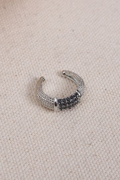 Süspüs Accessories Silver Color Single Compression Cartilage Earring with Black Zircon Stone