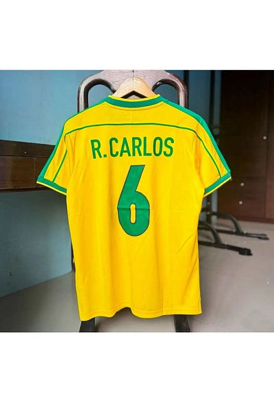 BARBITOS Brazil National Team Roberto Carlos 1996 Season Retro Nostalgia Adult Yellow Jersey-Z22