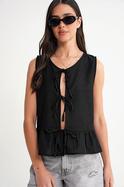 Mixray 4717 Women's Front Lace Ruffle Sleeveless Linen Blouse Black