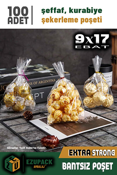 ASTOR AMBALAJ 100 Adet 9x17 Düz (BANTSIZ) Şeffaf Jelatin Parlak Kurabiye Aksesuar Poşeti Ambalaj Paketi