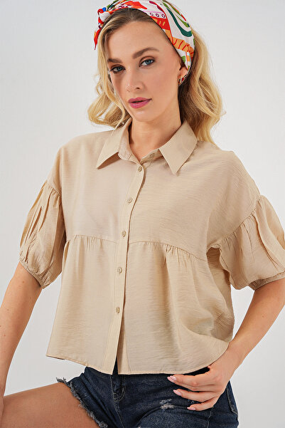 Bigdart Kadın Kısa Kol Crop Gömlek 20335 - Bej