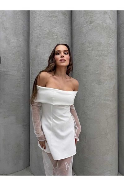 sajarsln Saja Rsln Madonna Collar Tulle Lace Detailed Atlas Fabric φόρεμα - μπορεί επίσης να φορεθεί χωρίς τη φούστα σύμφωνα με την προσοχή