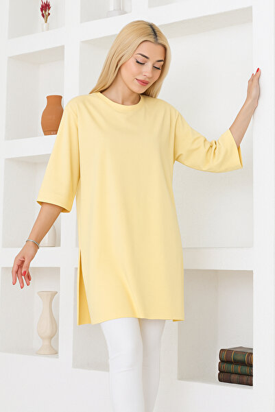 nacar çarşı Kadın Limon Sarısı Oversize Tunik Tişört – Yarım Kollu, Yuvarlak Yaka, Rahat Kesim